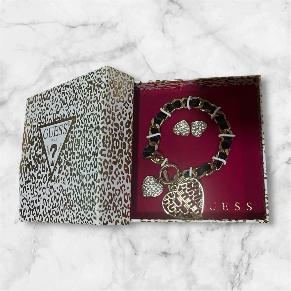 Guess Silver and Black Heart Jewelry Set